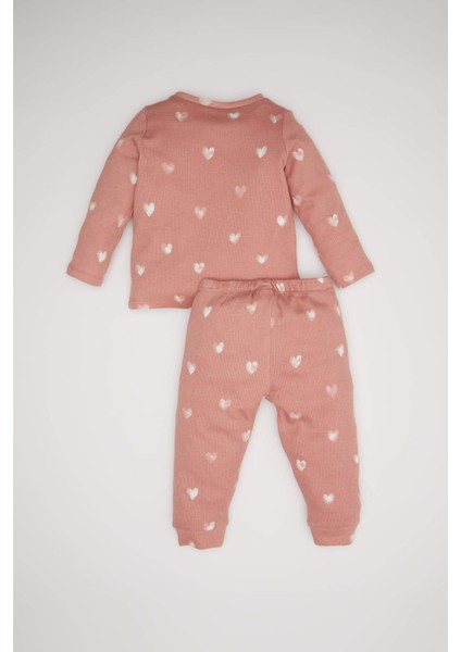 Kız Bebek Pijama Takımı Kalp Desenli Uzun Kollu Waffle Üst Beli Lastikli Uzun Alt D6797A5NS