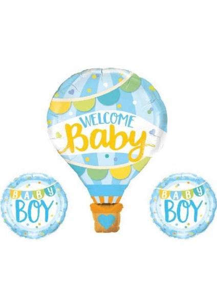 Welcome Baby Erkek Bebek 3'lü Balon Seti & Erkek Bebek Doğum Baby Shower (Helyum Uyumlu)
