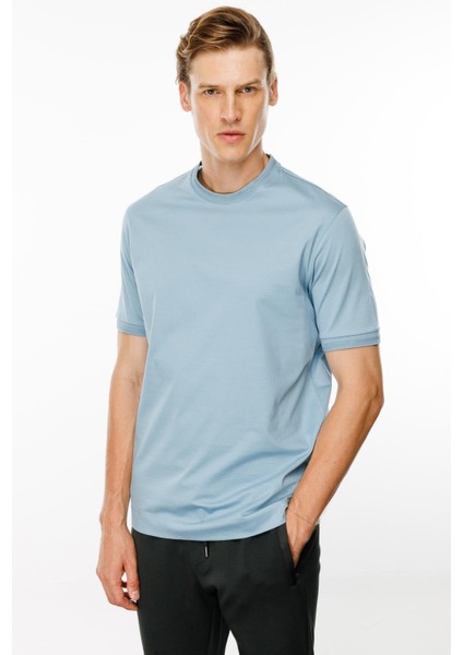 Erkek Sıfır Yaka Basic Pamuklu T-Shirt Mavi