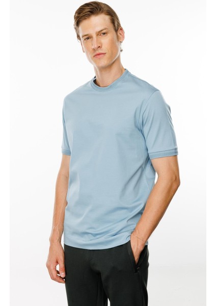 Erkek Sıfır Yaka Basic Pamuklu T-Shirt Mavi modelleri