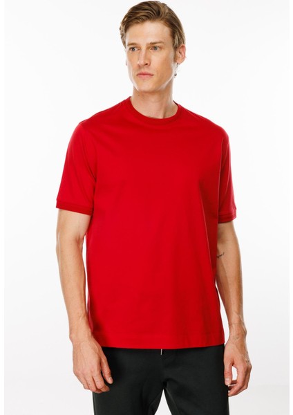 Erkek Sıfır Yaka Basic Pamuklu T-Shirt Kırmızı