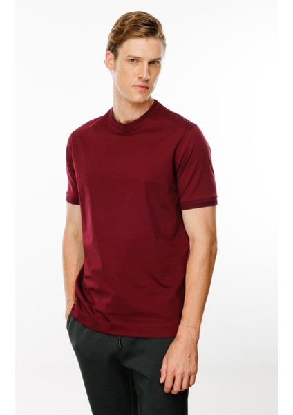 Erkek Sıfır Yaka Basic Pamuklu T-Shirt Bordo