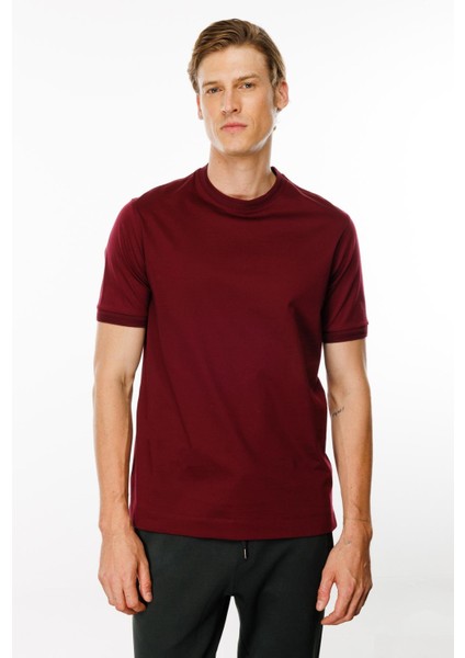 Erkek Sıfır Yaka Basic Pamuklu T-Shirt Bordo