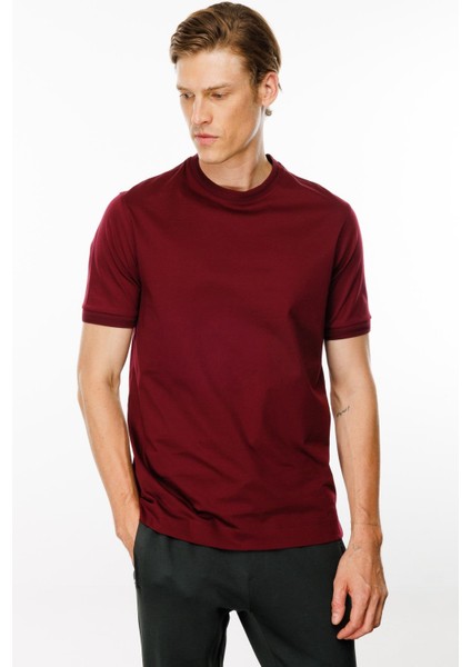 Erkek Sıfır Yaka Basic Pamuklu T-Shirt Bordo