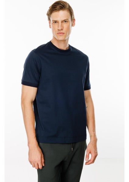 Erkek Sıfır Yaka Basic Pamuklu T-Shirt Lacivert