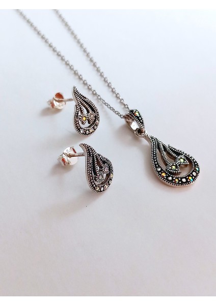 925 Ayar Gümüş Markazit Taşlı Otantik Lale Tasarım Kadın Set Kolye Küpe fırsatları