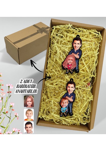 Hediye Kutulu Kişiye Özel Baba ve Çocuk Karikatür 2'li Ahşap Anahtarlık-1