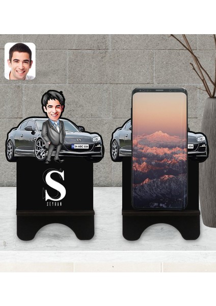Kişiye Özel Plakalı Erkek Mazda Rx-8 Karikatürlü Ahşap Biblo Telefon Standı-1