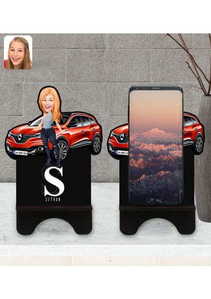 Kişiye Özel Plakalı Kadın Renault Kadjar Karikatürlü Ahşap Biblo Telefon Standı-1