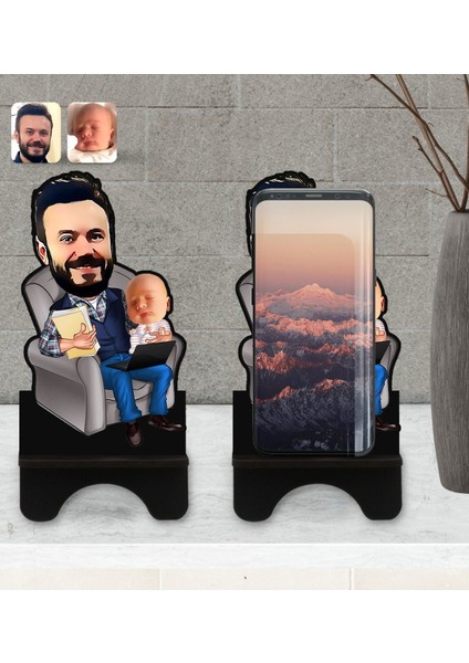 Kişiye Özel Baba Oğul Karikatürlü Ahşap Biblo Telefon Standı-1