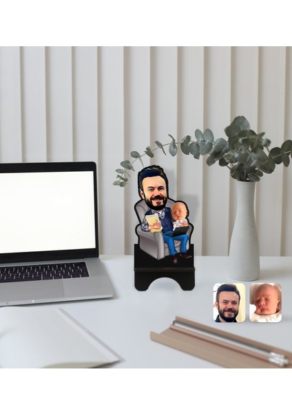 Kişiye Özel Baba Oğul Karikatürlü Ahşap Biblo Telefon Standı-1