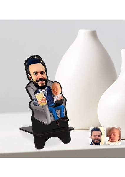 Kişiye Özel Baba Oğul Karikatürlü Ahşap Biblo Telefon Standı-1