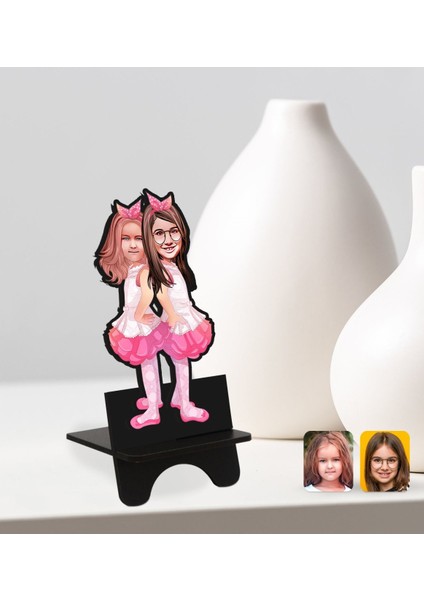 Kişiye Özel Kız Kardeşler Karikatürlü Ahşap Biblo Telefon Standı-3 modelleri