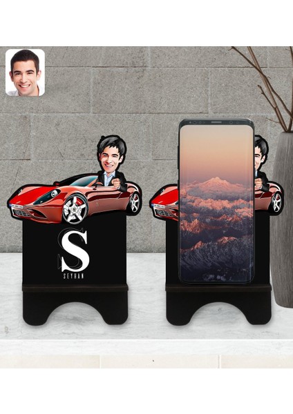 Kişiye Özel Plakalı Erkek Ferrari 458 Karikatürlü Ahşap Biblo Telefon Standı-1