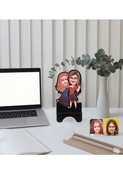 Kişiye Özel Kız Kardeşler Karikatürlü Ahşap Biblo Telefon Standı-6 fiyatları