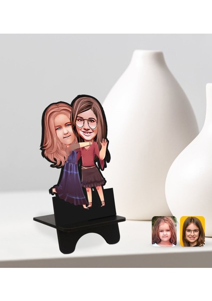 Kişiye Özel Kız Kardeşler Karikatürlü Ahşap Biblo Telefon Standı-6 modelleri