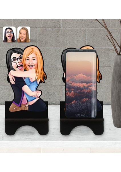Kişiye Özel Kız Kardeşler Karikatürlü Ahşap Biblo Telefon Standı-10