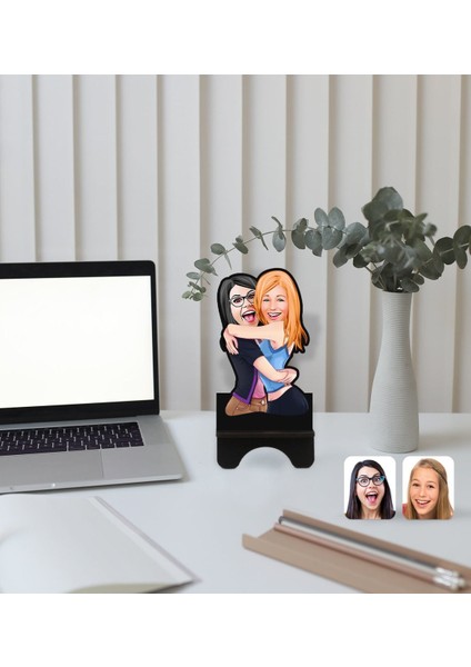 Kişiye Özel Kız Kardeşler Karikatürlü Ahşap Biblo Telefon Standı-10 fiyatları