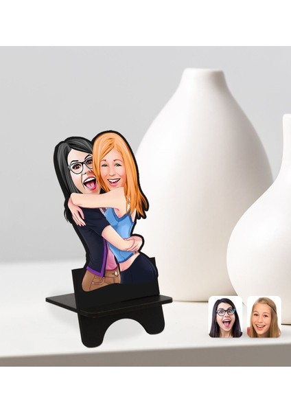 Kişiye Özel Kız Kardeşler Karikatürlü Ahşap Biblo Telefon Standı-10 modelleri