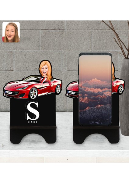 Kişiye Özel Plakalı Kadın Ferrari California Karikatürlü Ahşap Biblo Telefon Standı-1