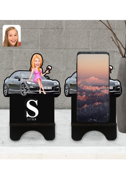 Kişiye Özel Plakalı Kadın Mazda Rx-8 Karikatürlü Ahşap Biblo Telefon Standı-1