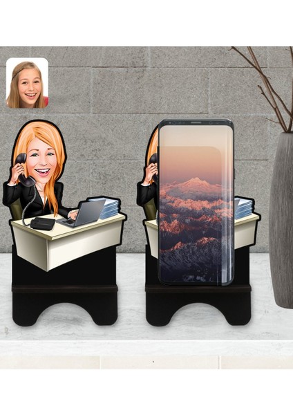 Kişiye Özel Kadın Asistan Karikatürlü Ahşap Biblo Telefon Standı-1
