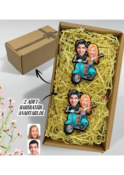 Hediye Kutulu Kişiye Özel Sevgililer Karikatürlü Ahşap 2'li Ahşap Anahtarlık-99