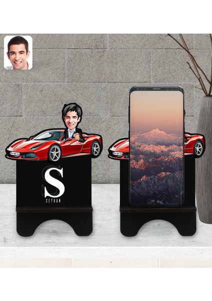 Kişiye Özel Plakalı Erkek Ferrari F12 Karikatürlü Ahşap Biblo Telefon Standı-1