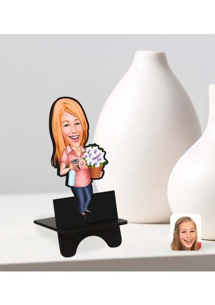 Kişiye Özel Ev Hanımı Karikatürlü Ahşap Biblo Telefon Standı-2 modelleri