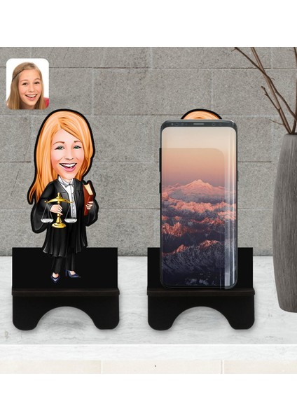 Kişiye Özel Kadın Avukat Karikatürlü Ahşap Biblo Telefon Standı-1
