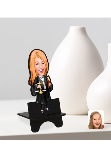 Kişiye Özel Kadın Avukat Karikatürlü Ahşap Biblo Telefon Standı-1 modelleri