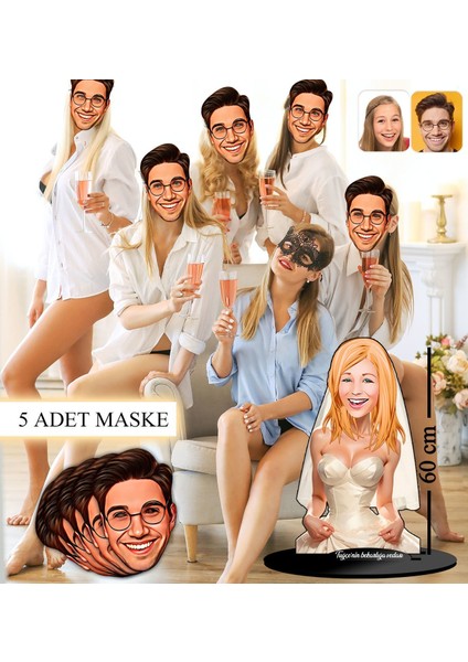 Kişiye Özel Bekarlığa Veda Karikatürlü Dev Boy Ahşap Biblo 60CM ve 5 Adet Yüz Maskesi Seti, Arkadaşa Hediye