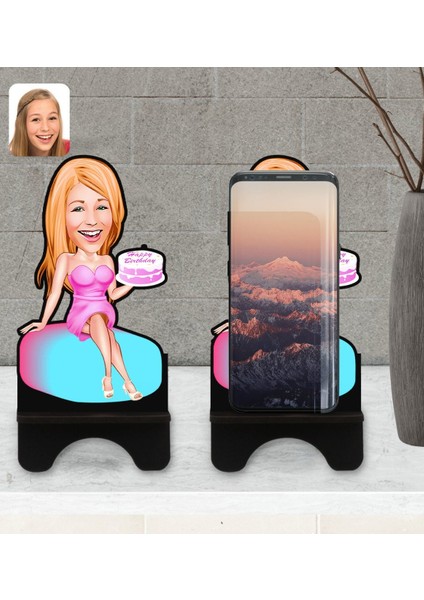 Kişiye Özel Kadın Doğum Günü Karikatürlü Ahşap Biblo Telefon Standı-2