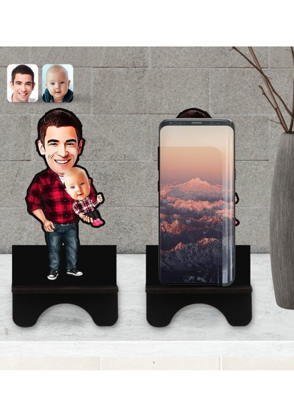 Kişiye Özel Baba Oğul Karikatürlü Ahşap Biblo Telefon Standı-3