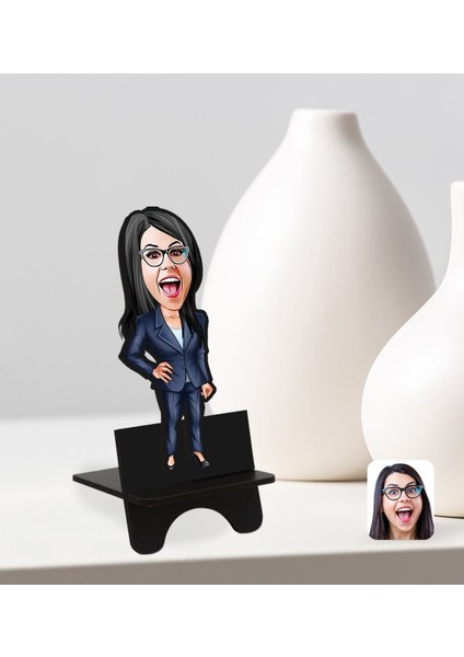 Kişiye Özel Kadın Patron Karikatürlü Ahşap Biblo Telefon Standı-4 modelleri