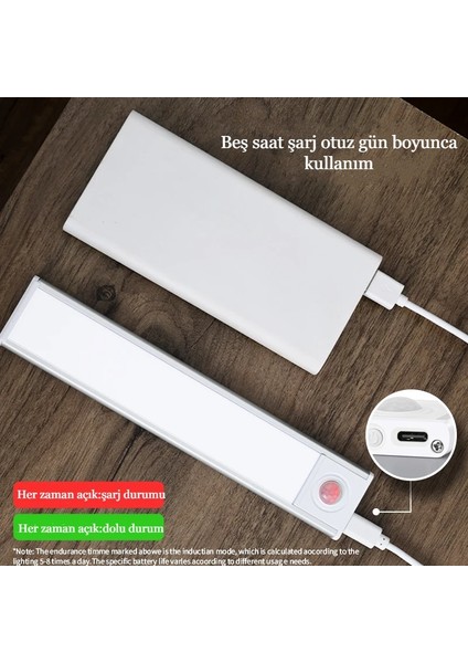 Inters Tech 60 cm Gece Lambası USB Şarj Edilen Hareket Sensörlü Kitap Okuma Mutfak Dolabı Yatak Odası Gardırop