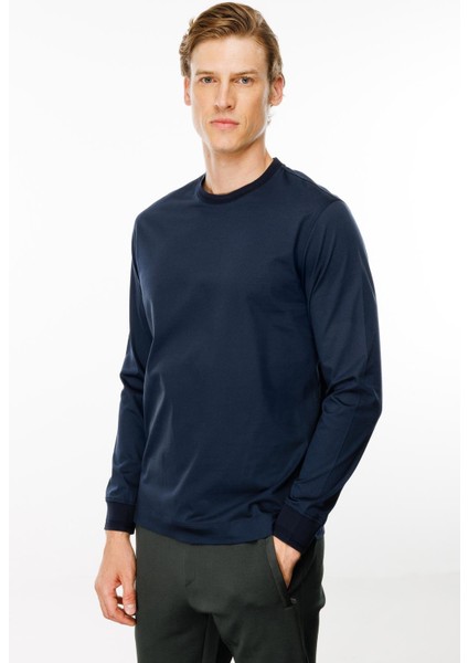 Erkek Sıfır Yaka Basic Uzun Kollu Pamuklu T-Shirt Lacivert