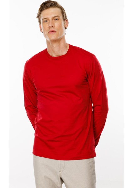 Erkek Sıfır Yaka Basic Uzun Kollu Pamuklu T-Shirt Kırmızı