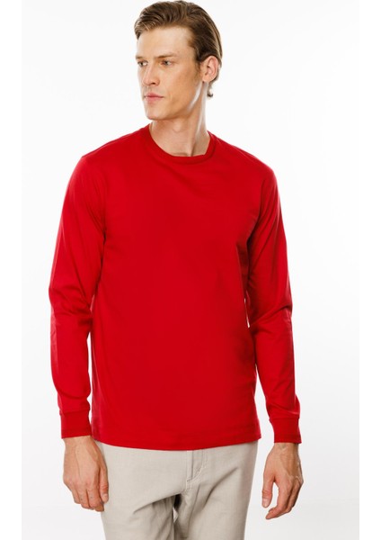 Erkek Sıfır Yaka Basic Uzun Kollu Pamuklu T-Shirt Kırmızı modelleri