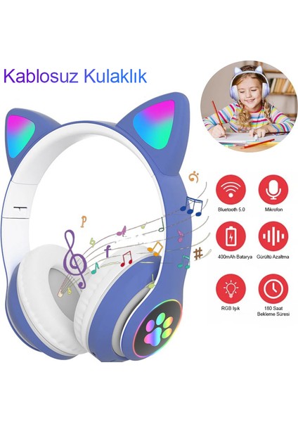 Kablosuz Kulaküstü Rgb Işıklı Kedi Patili Bluetooth 5.0 Çocuk Kulaklığı Kulaklık STN28