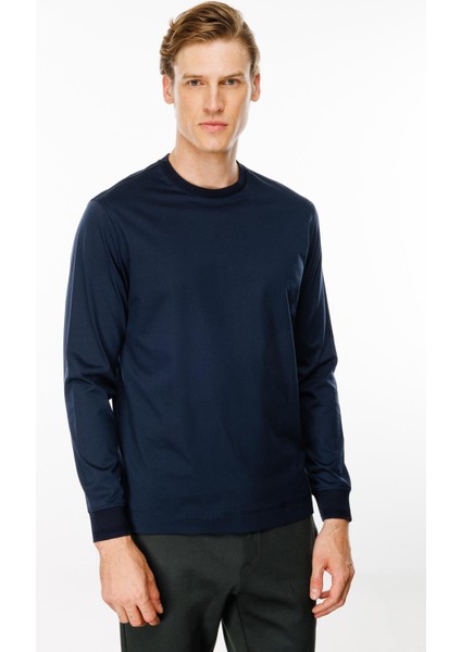 Erkek Sıfır Yaka Basic Uzun Kollu Pamuklu T-Shirt Lacivert