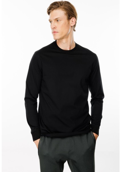 Erkek Sıfır Yaka Basic Uzun Kollu Pamuklu T-Shirt Siyah