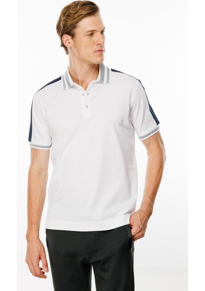 Erkek Polo Yaka Omuzu Şeritli T-Shirt Beyaz