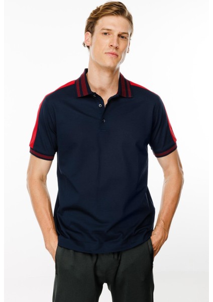Erkek Polo Yaka Omuzu Şeritli T-Shirt Lacivert