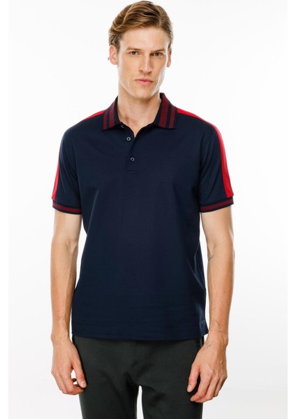 Erkek Polo Yaka Omuzu Şeritli T-Shirt Lacivert fiyatları
