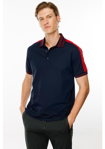 Erkek Polo Yaka Omuzu Şeritli T-Shirt Lacivert modelleri
