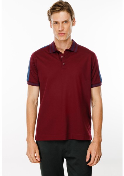 Erkek Polo Yaka Omuzu Şeritli T-Shirt Bordo