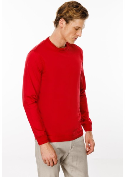 Erkek Sıfır Yaka Basic Uzun Kollu Pamuklu T-Shirt Kırmızı
