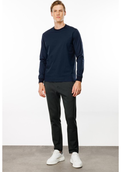 Erkek Sıfır Yaka Basic Uzun Kollu Pamuklu T-Shirt Lacivert