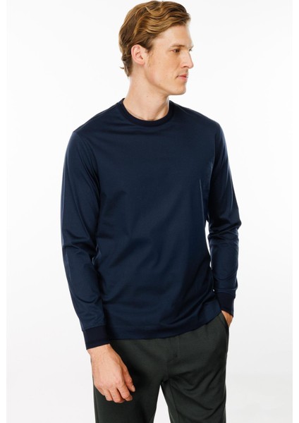Erkek Sıfır Yaka Basic Uzun Kollu Pamuklu T-Shirt Lacivert
